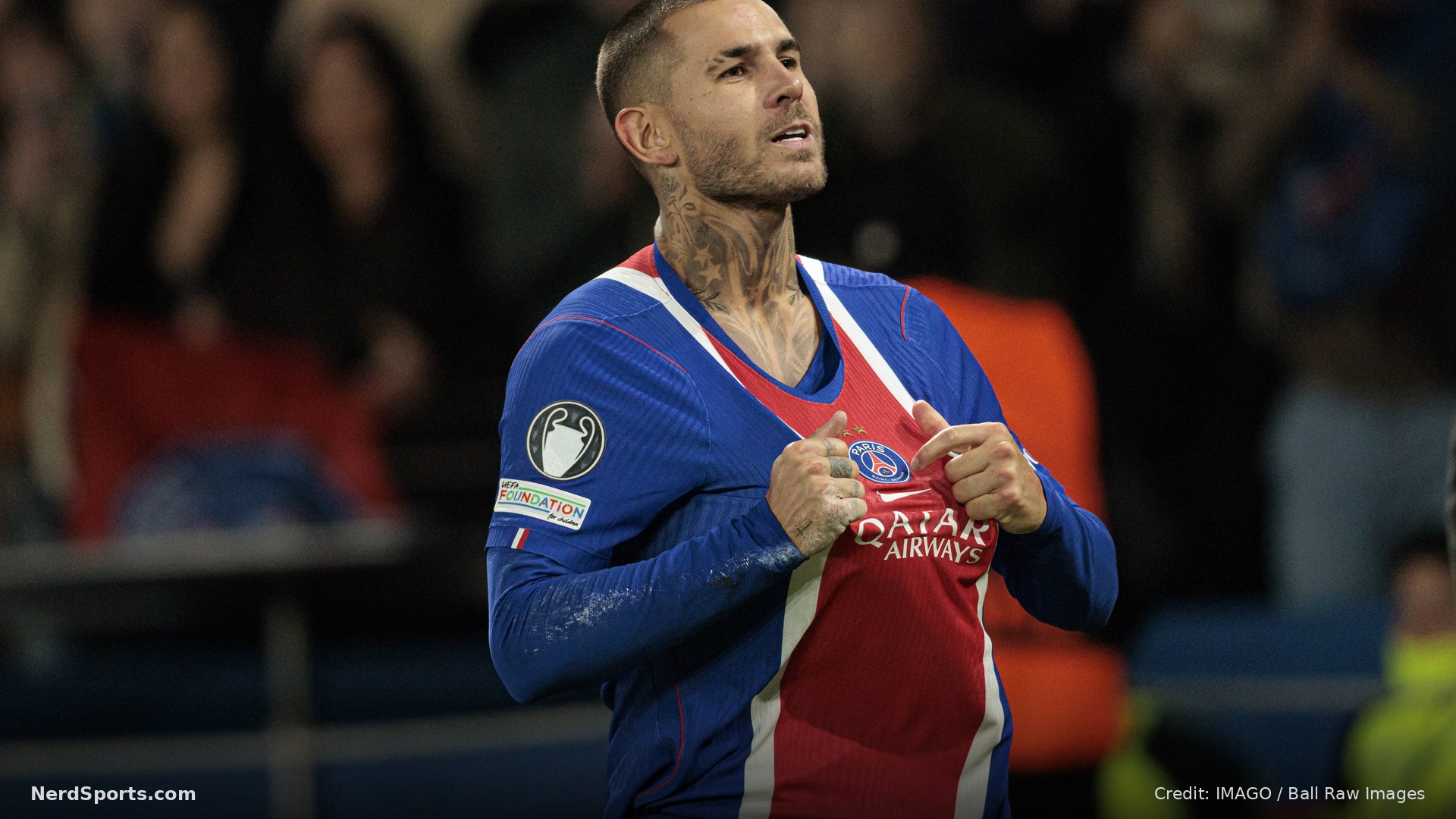 Lucas Hernandez seen celebrating after scoring goal during UEFA Champions League game between Paris Saint-Germain Football Club and FC Barcelona.