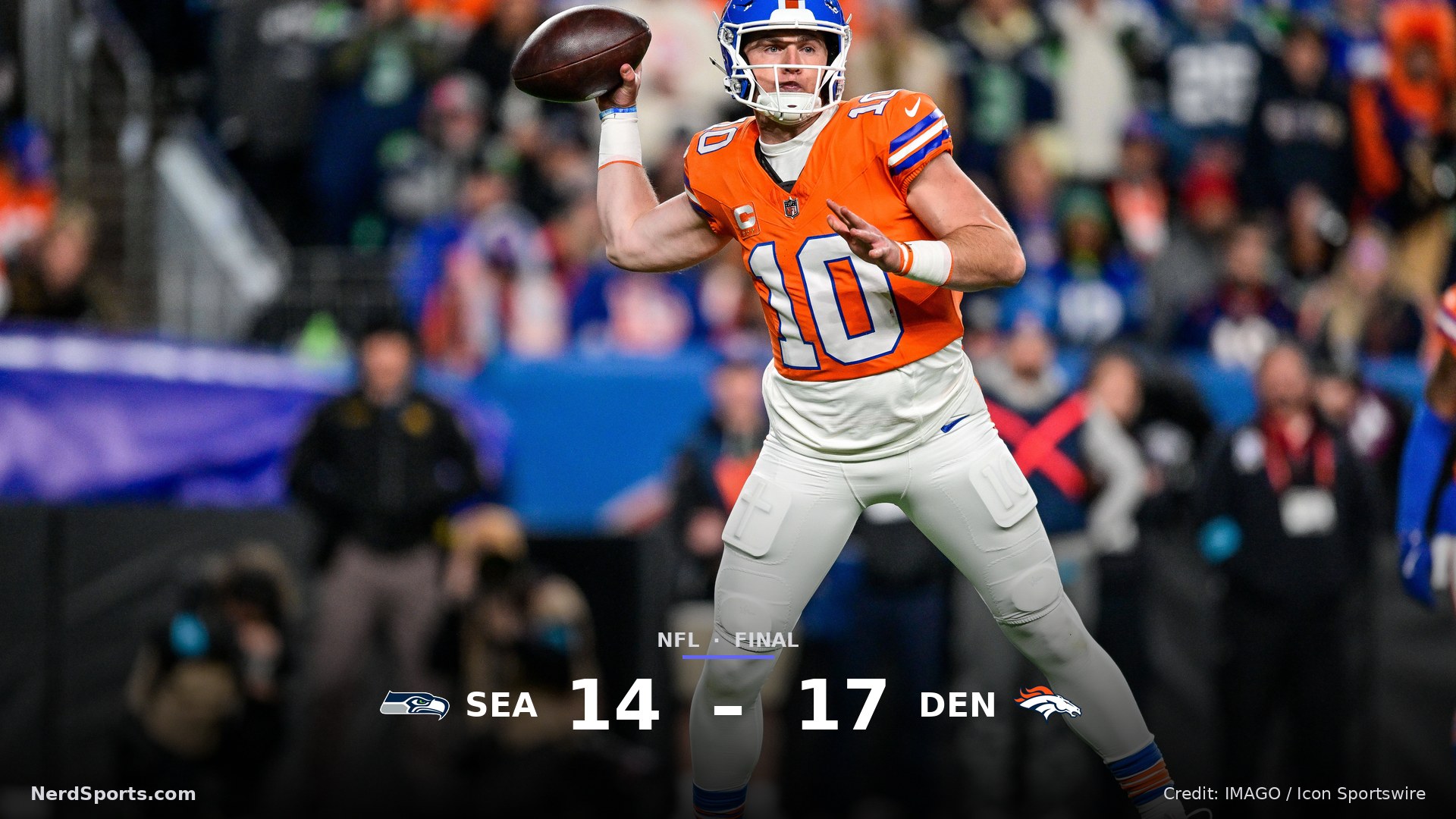 Denver Broncos quarterback Bo Nix (10) passes in the second quarter during a game between the Seattle Seahawks and the Denver Broncos Oct 15, 2026.