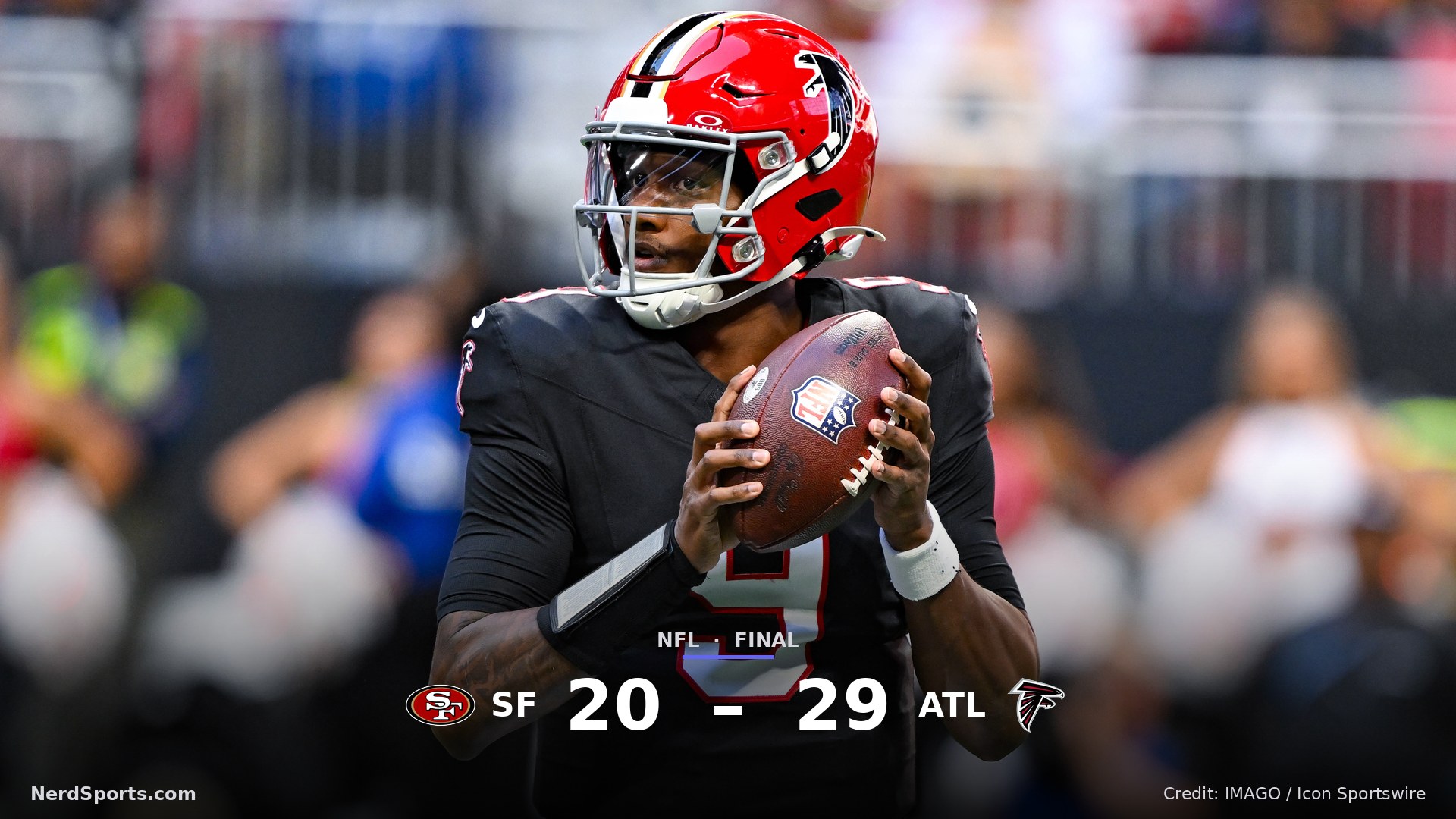 Atlanta quarterback Michael Penix Jr. (9) drops back to pass during the NFL game between the San Francisco 49ers and the Atlanta Falcons on October 25th, 2026.