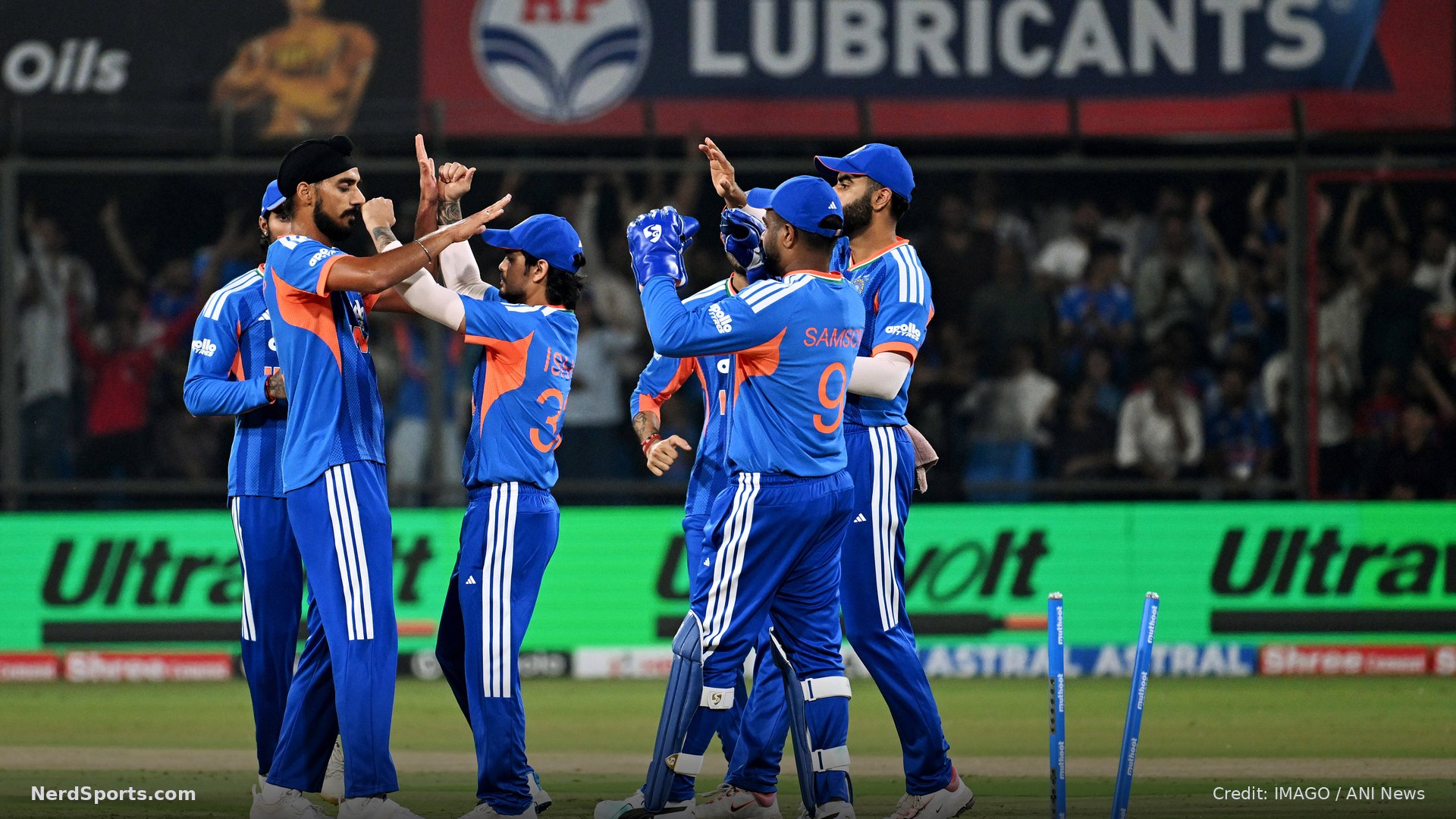 India's Arshdeep Singh and teammates celebrate the wicket of West Indies skipper Shai Hope during the 3rd T20I on Oct 11, 2026