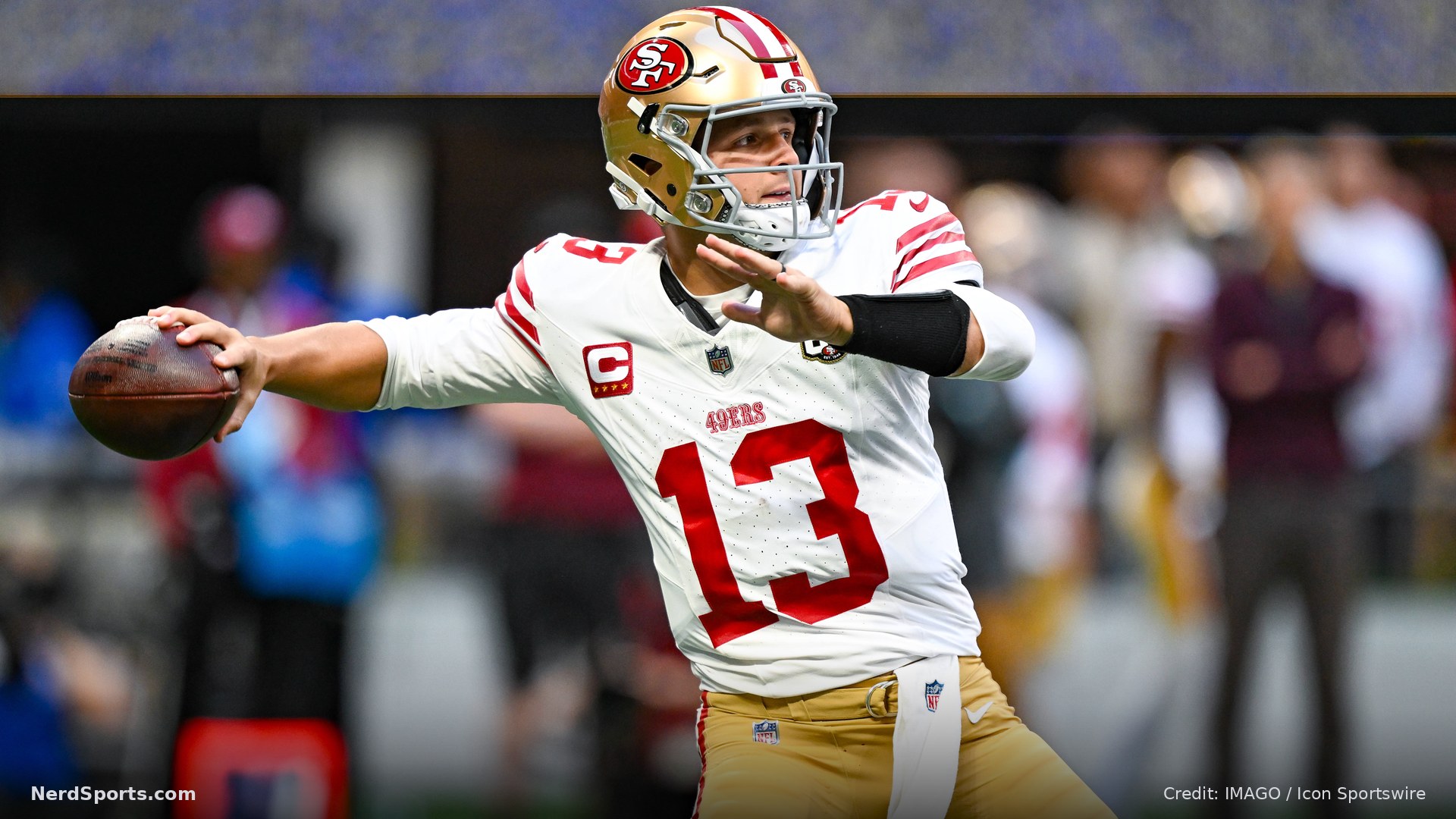 San Francisco quarterback Brock Purdy (13) drops back to pass during the NFL game between the San Francisco 49ers and the Atlanta Falcons on October 25th, 2026