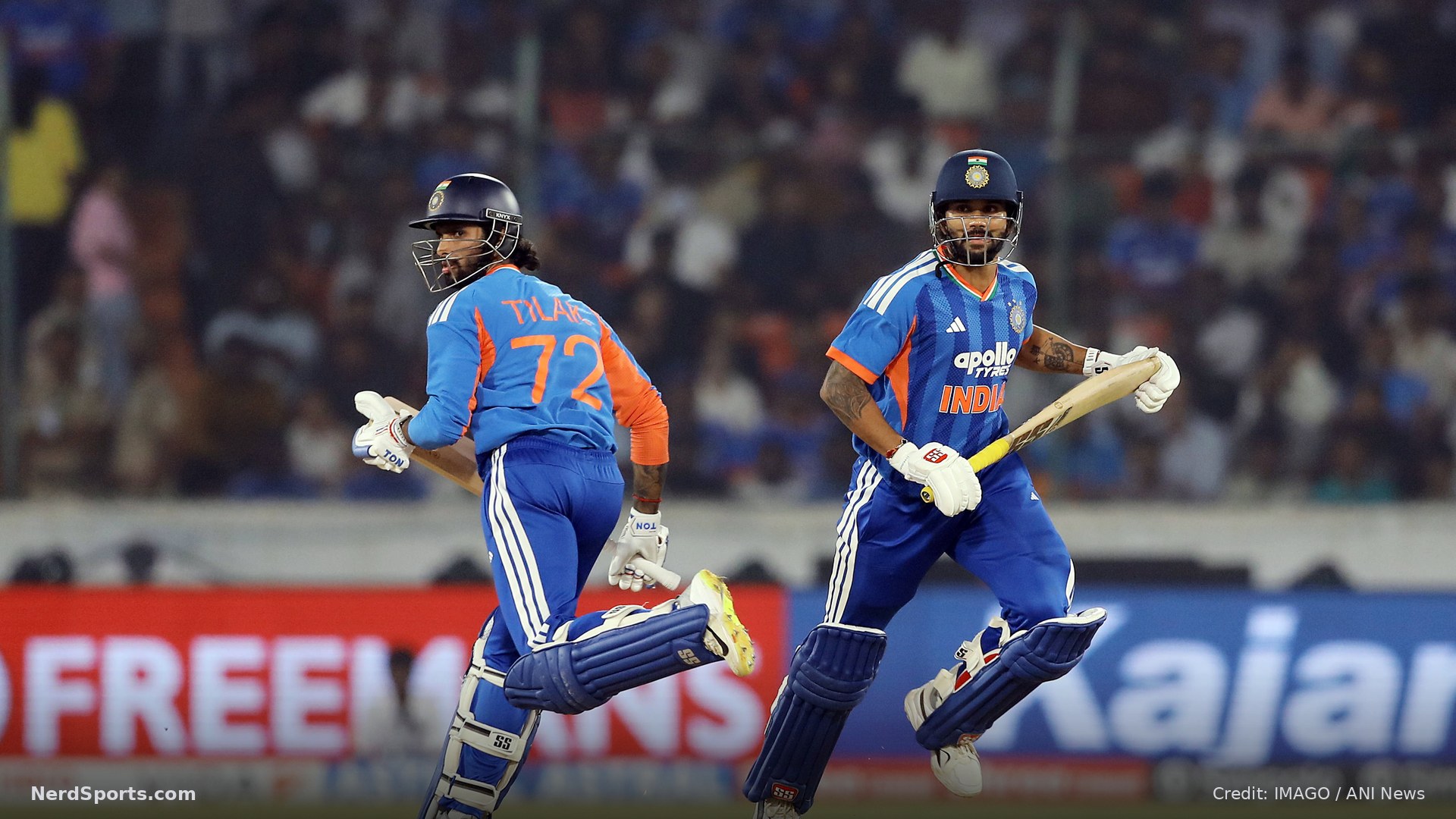 India's Nitish Kumar Reddy and Tilak Varma run between the wickets during the 4th T20I against West Indies on Oct 14, 2026.