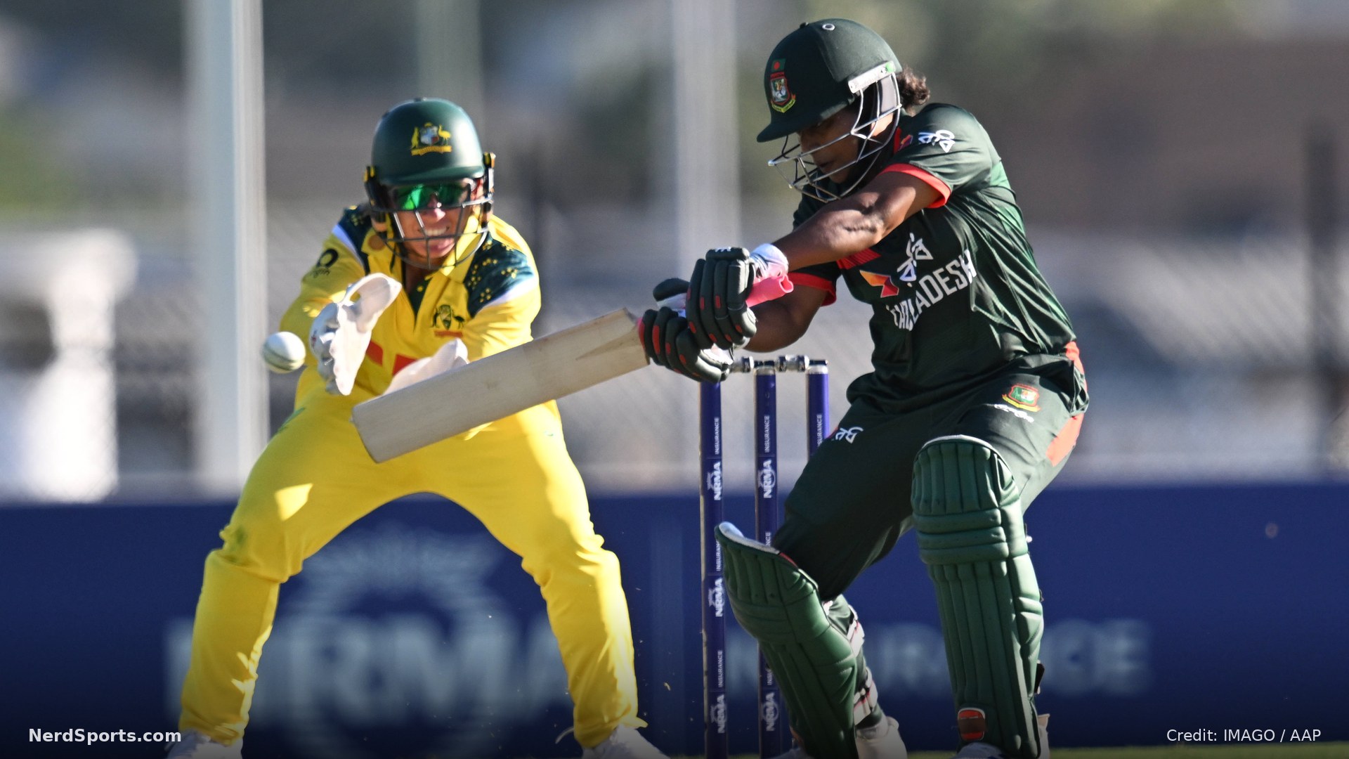 Ritu Moni (right) of Bangladesh in action during the First Women's ODI match between Australia and Bangladesh at Allan Border Field in Brisbane, Friday, October 9, 2026.