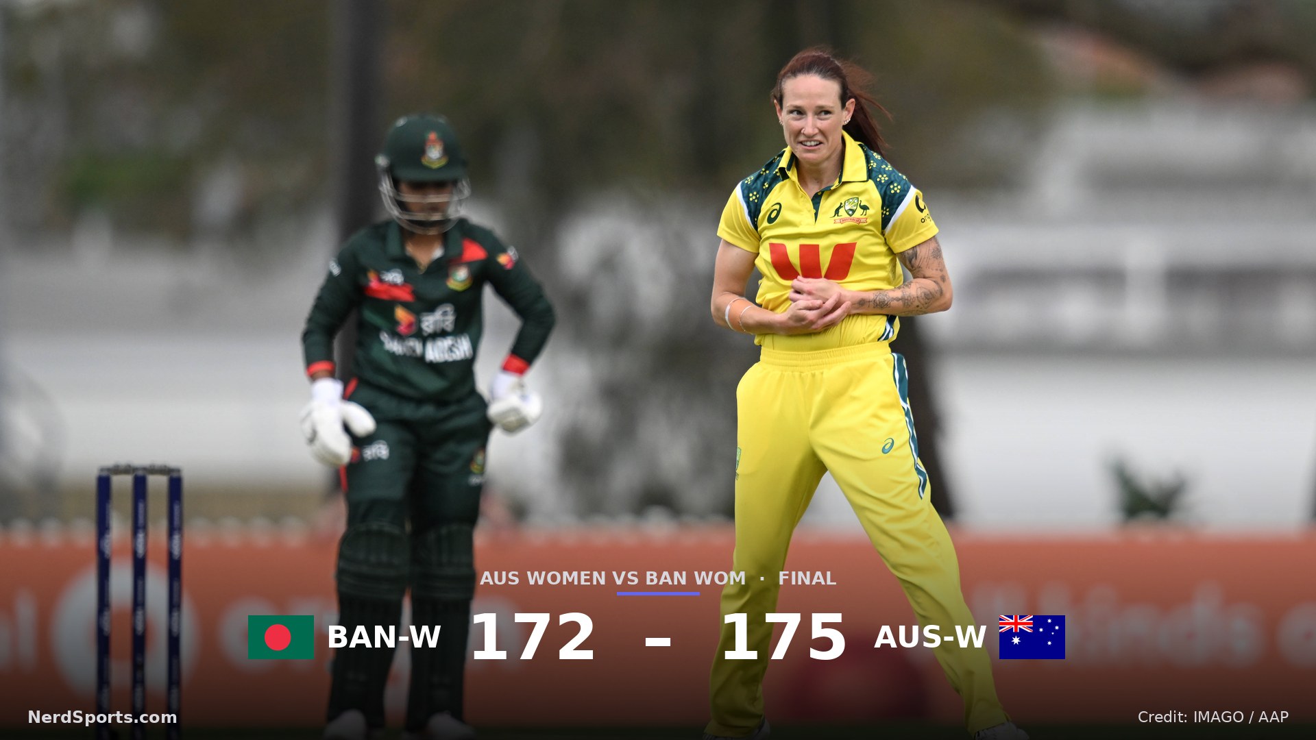 Megan Schutt of Australia celebrates the wicket of Nigar Sultana Joty of Bangladesh during the 3rd Women's ODI match between Australia and Bangladesh on October 14, 2026.