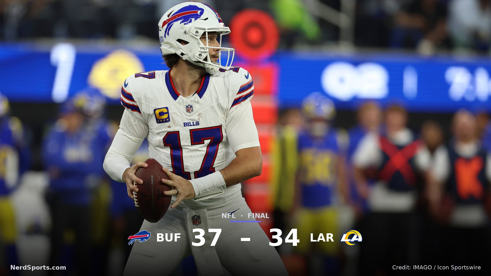 Josh Allen of the Buffalo Bills prepares to pass the ball during a game with Los Angeles Rams on Oct 12, 2026.
