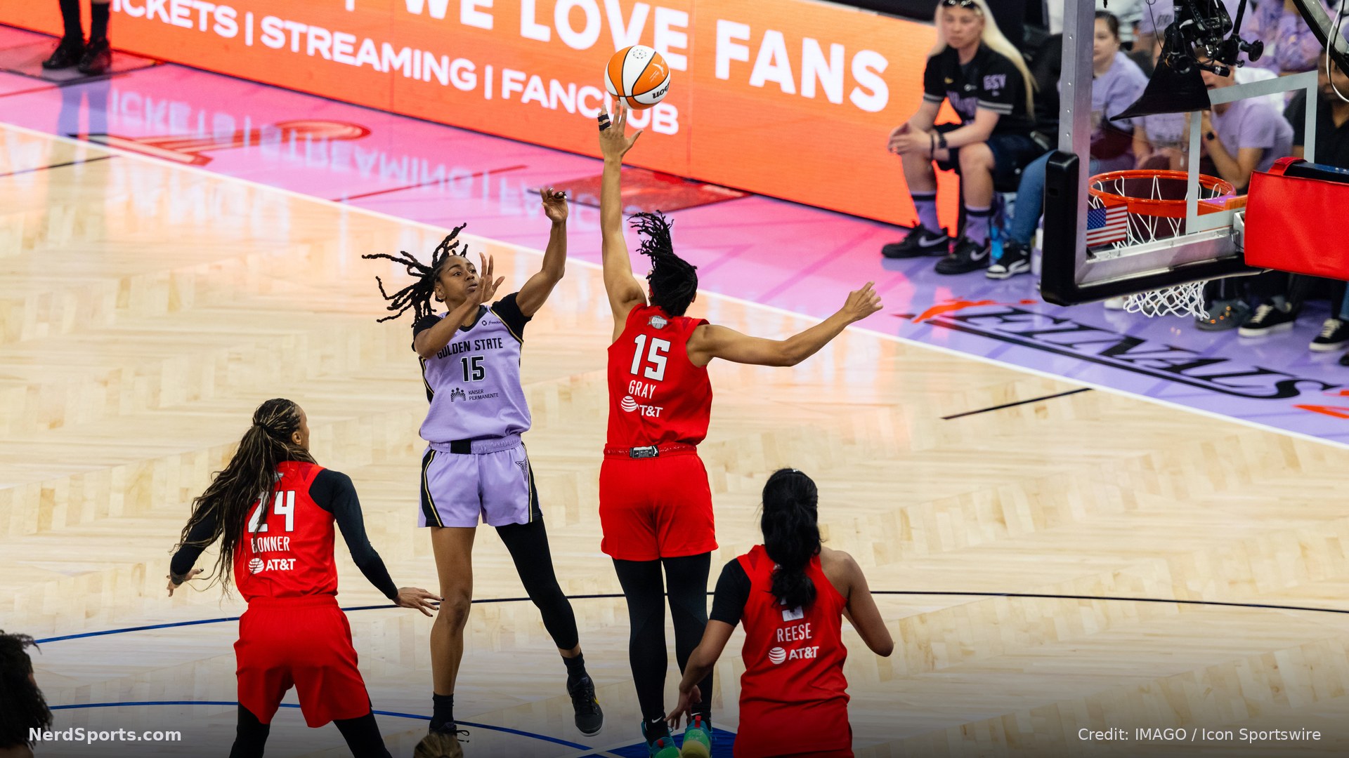 Tiffany Hayes 15 of the Golden State Valkyries scores and gets fouled by Allisha Gray 15 of the Atlanta Dream during Game Two of the WNBA Finals on October 19, 2026.