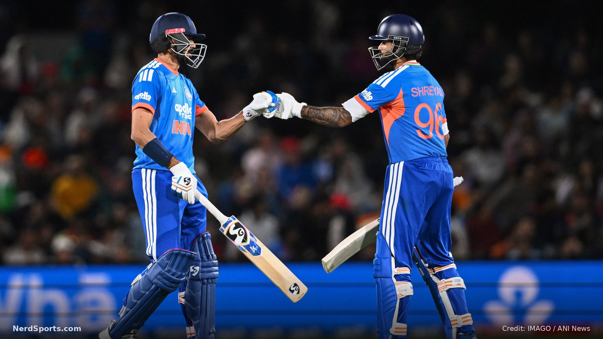 India's Axar Patel and skipper Shreyas Iyer celebrate their partnership during the 1st T20I against New Zealand on Oct 22, 2026.