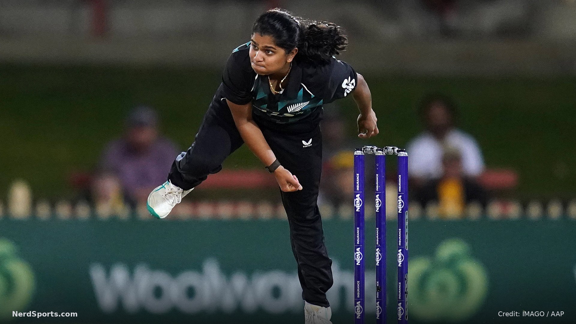 Nensi Patel of New Zealand bowls during the Second Women's T20I between Australia and New Zealand on October 20, 2026.
