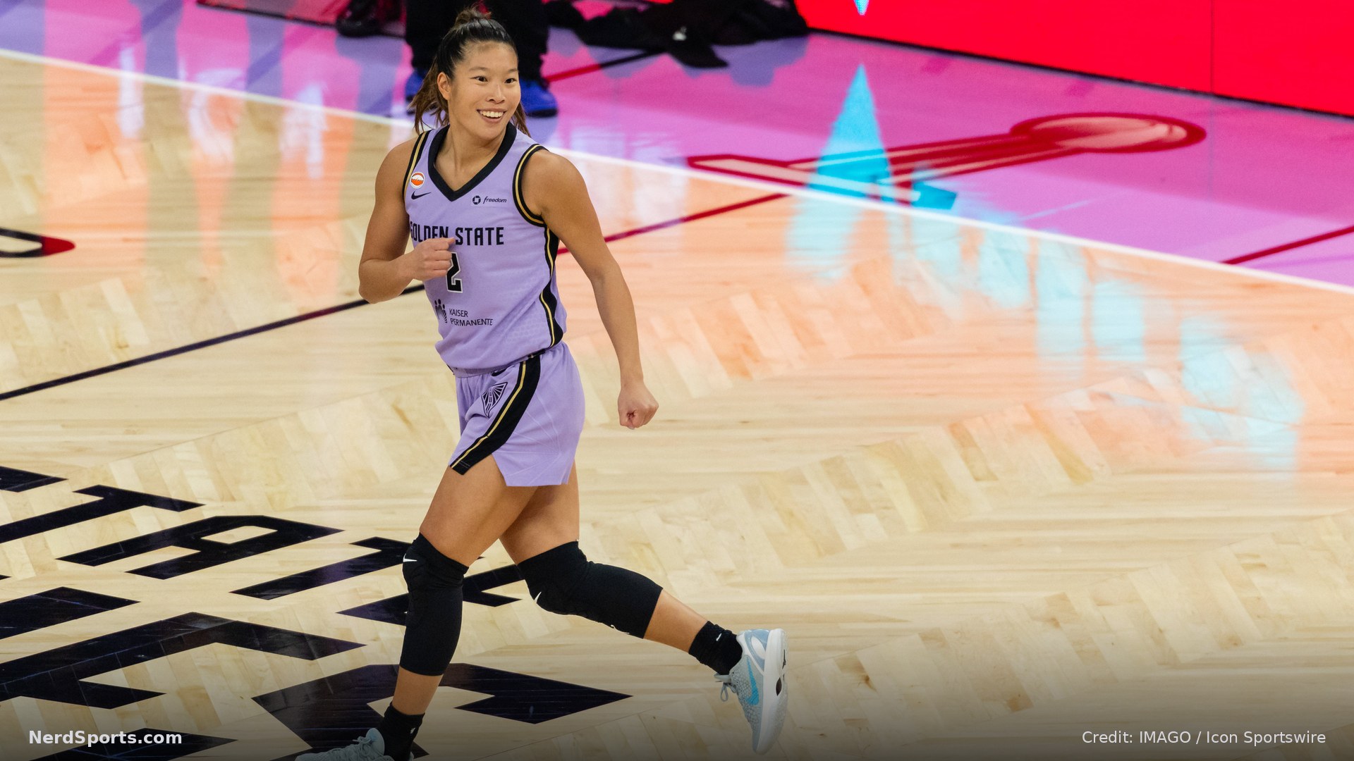 Kaitlyn Chen (2) of the Golden State Valkyries celebrates a three during Game 1 against the Atlanta Dream on Oct 17, 26.