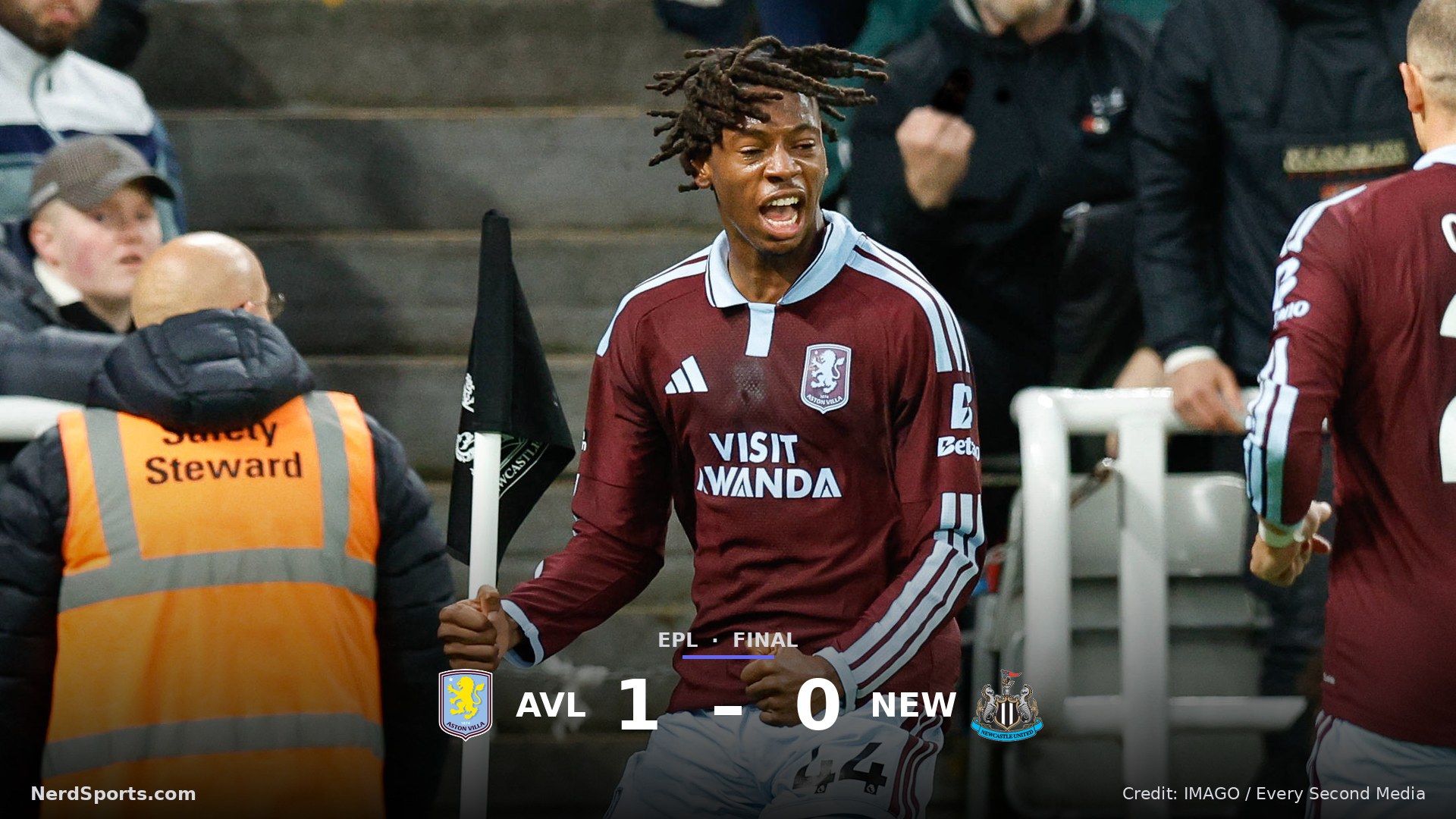 Johan Manzambi of Aston Villa celebrates scoring the goal of the match against Newcastle United on October 17, 2026.