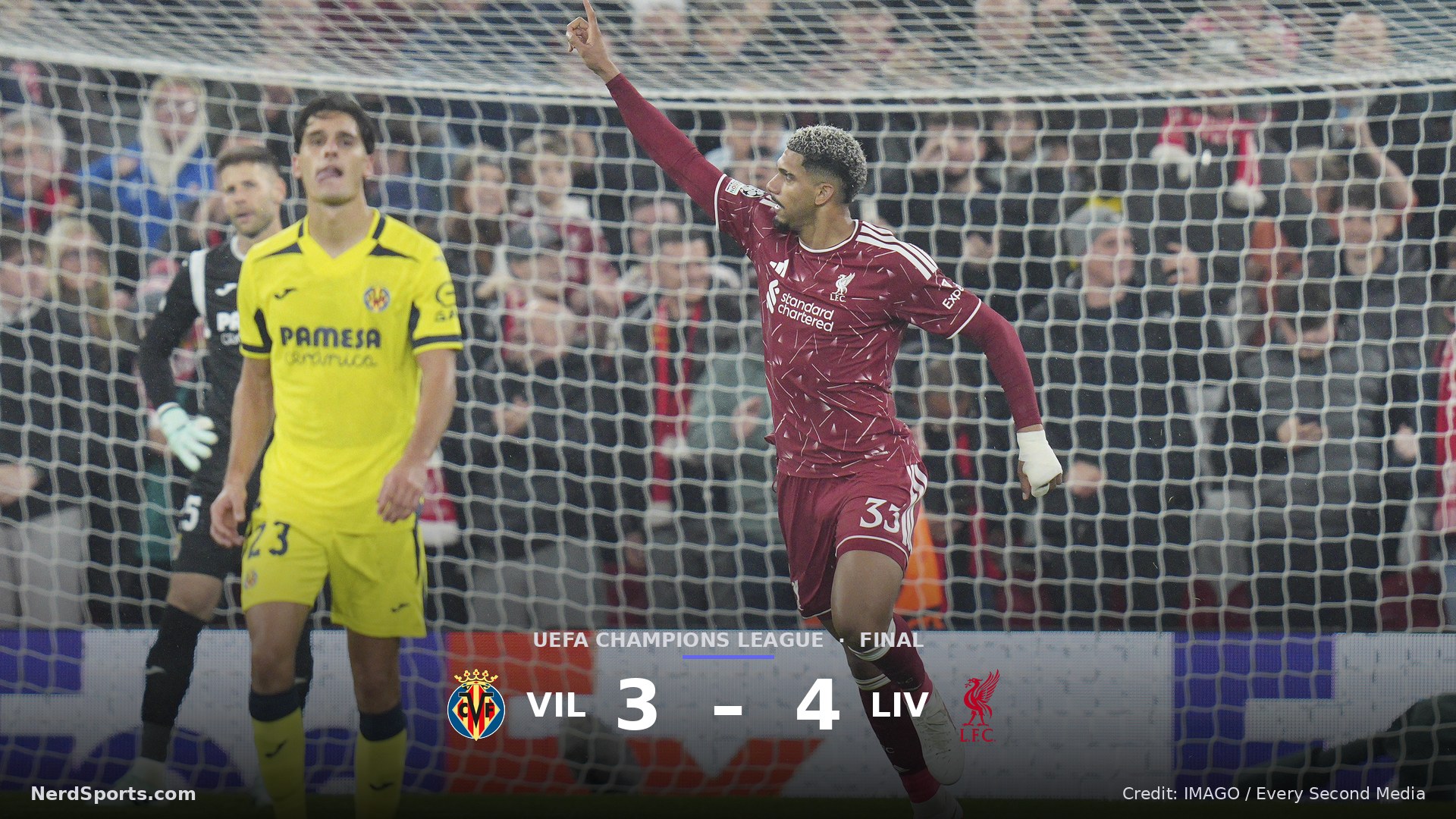 Ronald Araújo of Liverpool FC celebrates after he scores a goal to make it 2-2 during Liverpool v Villarreal CF UEFA Champions League