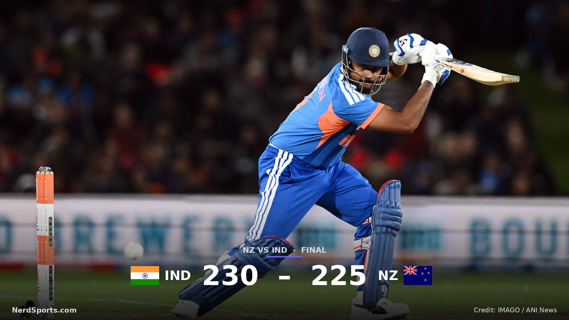 India’s Sanju Samson swings at the ball during the first T20 international against New Zealand on October 22, 2026. Samson scored 67 runs from 33 balls and was named Player of the Match.