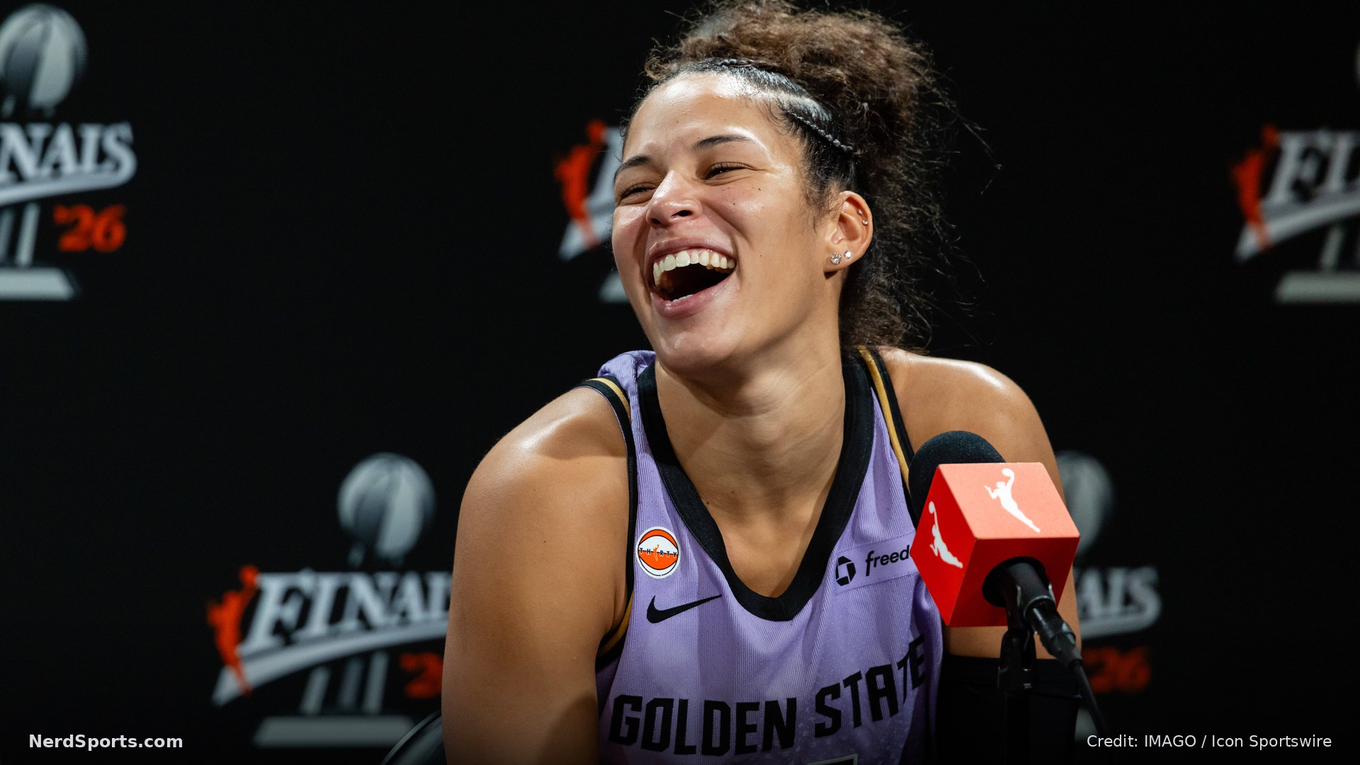 Veronica Burton (22) of the Golden State Valkyries smiles during a press conference after a win in Game Five of the WNBA Finals against the Atlanta Dream on October 26, 2026.