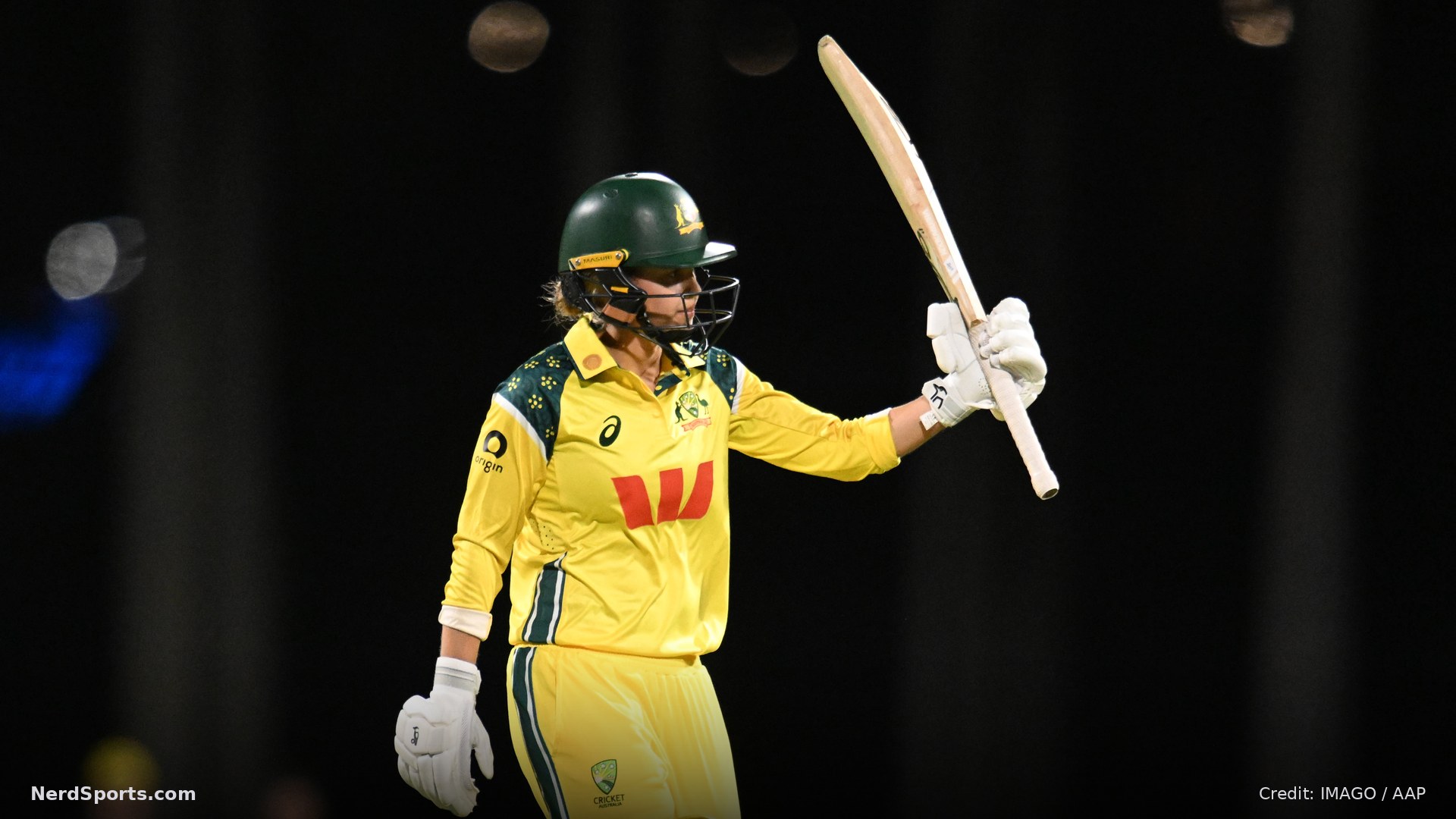Phoebe Litchfield of Australia celebrates her 50 during the First Women's ODI match between Australia and Bangladesh at Allan Border Field in Brisbane, Friday, October 9, 2026.