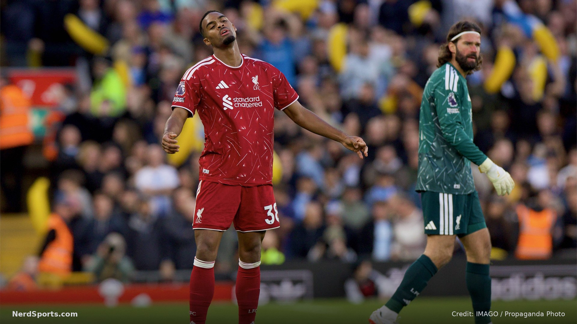 Liverpool's Ryan Gravenberch reacts to receiving a red card following a second yellow during match between Liverpool FC and Manchester City FC on Oct 11, 2026.