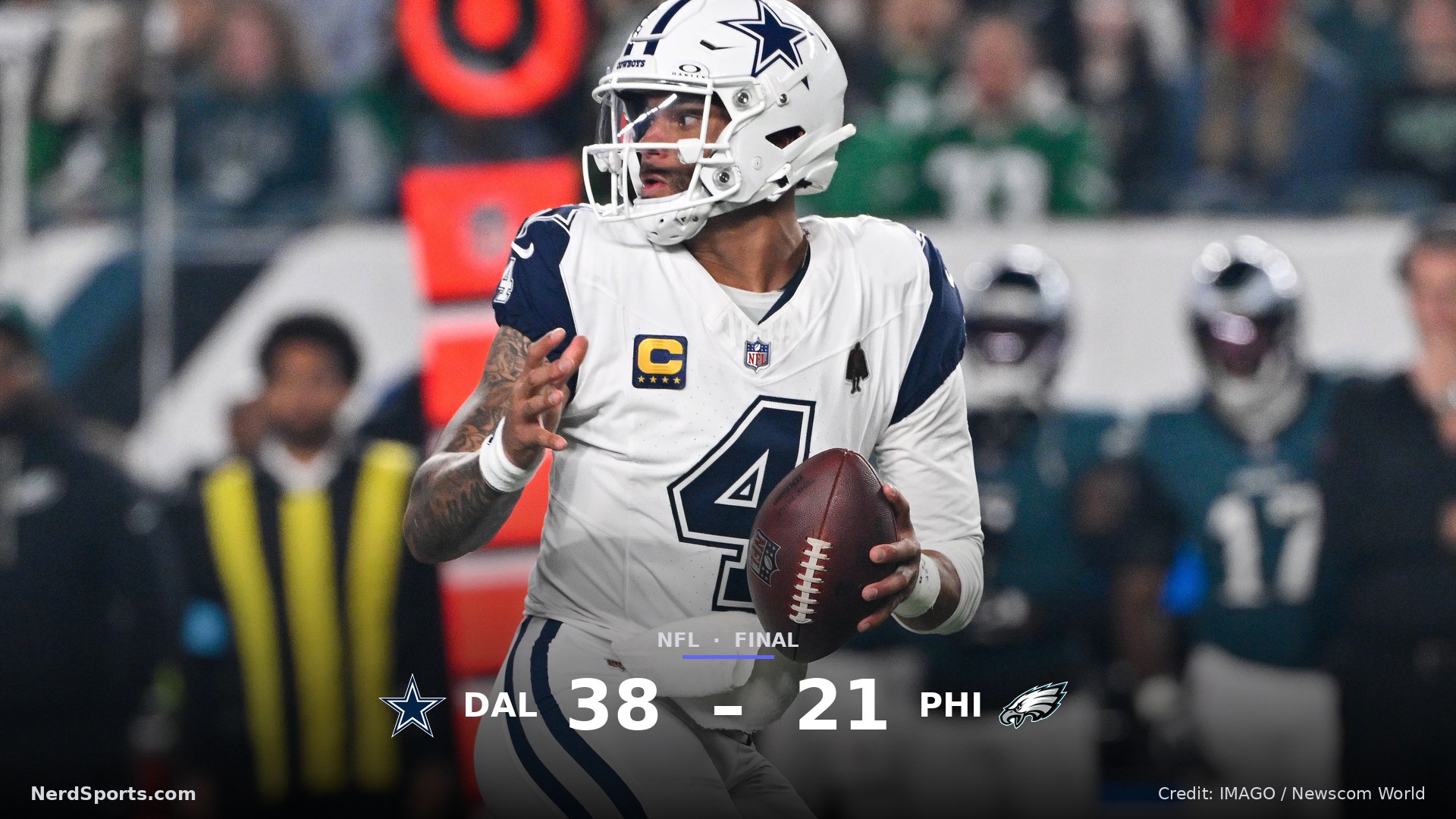 Dallas Cowboys quarterback Dak Prescott (4) fakes a hand off during the first half against the Philadelphia Eagles on Oct 26, 2026.