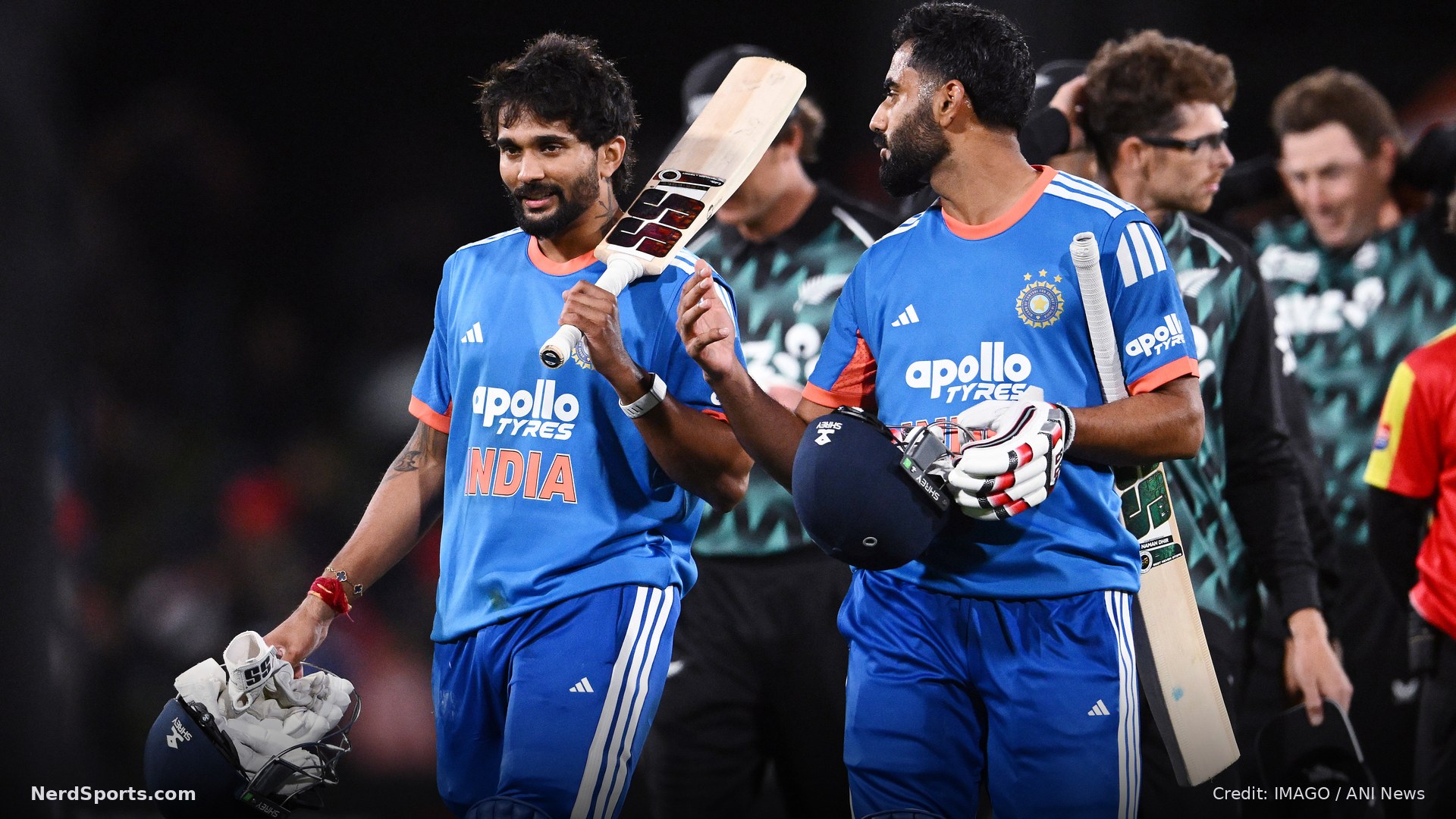 India’s Naman Dhir (R) and Nitish Kumar Reddy walk back to the pavilion after securing victory in the 1st T20I against New Zealand on Oct 22, 2026, chasing a target of 225 runs and finishing with 230.