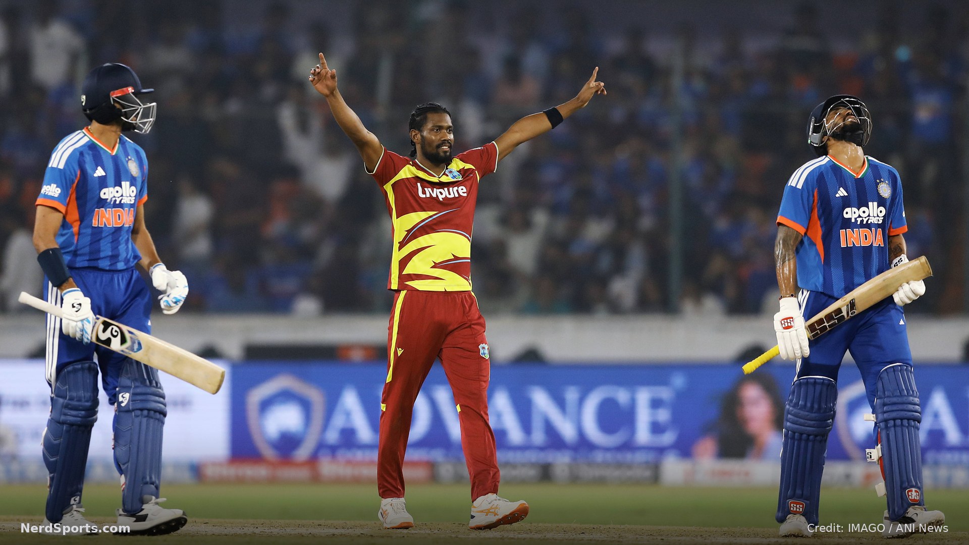 West Indies Keemo Paul celebrates the wicket of India's Nitish Kumar Reddy during the 4th T20I on Oct 14, 2026.