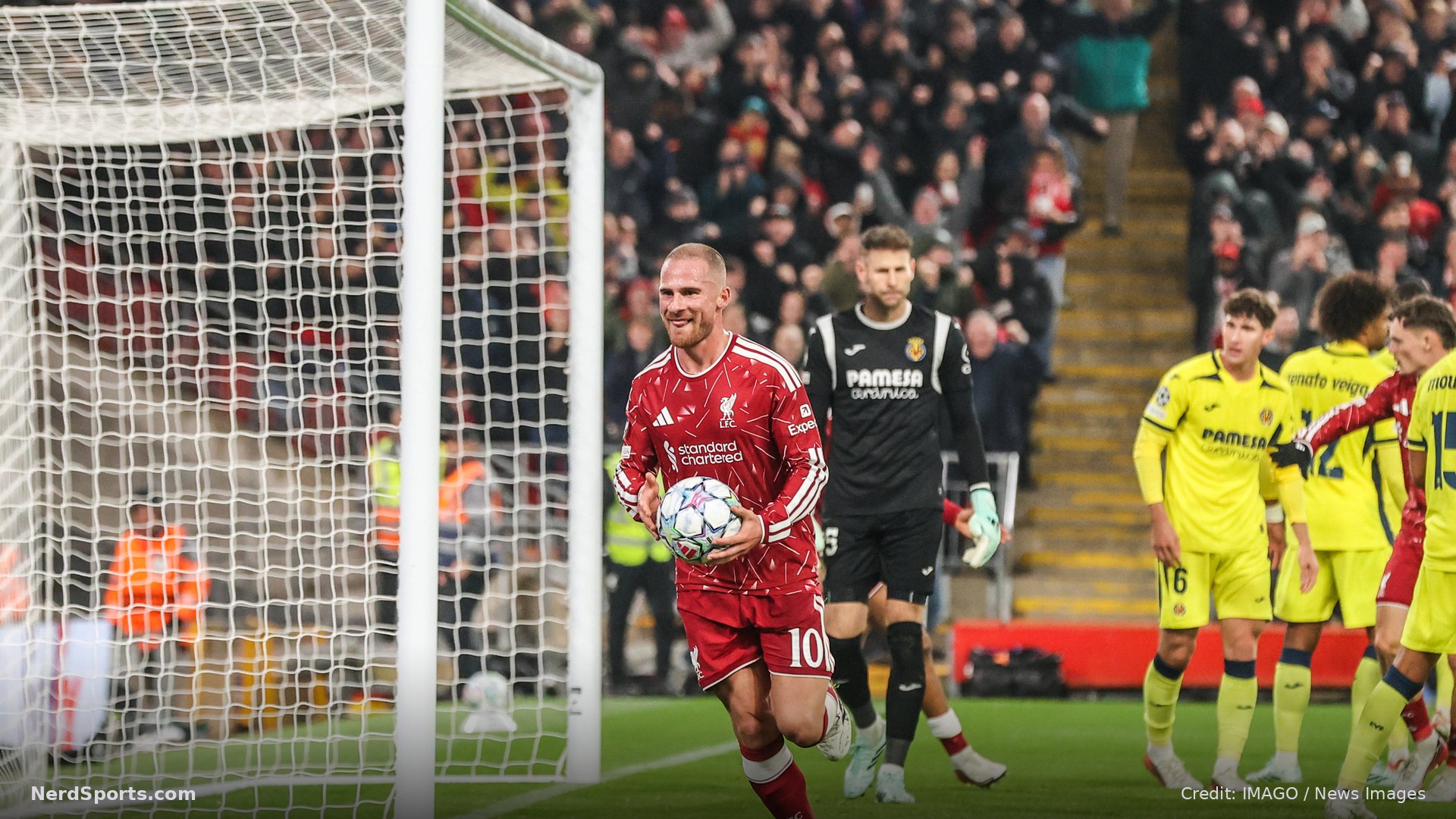 Alexis Mac Allister of Liverpool celebrates his goal to make it 3-2 during the UEFA Champions League match Liverpool vs Villarreal on 20 October 2026.