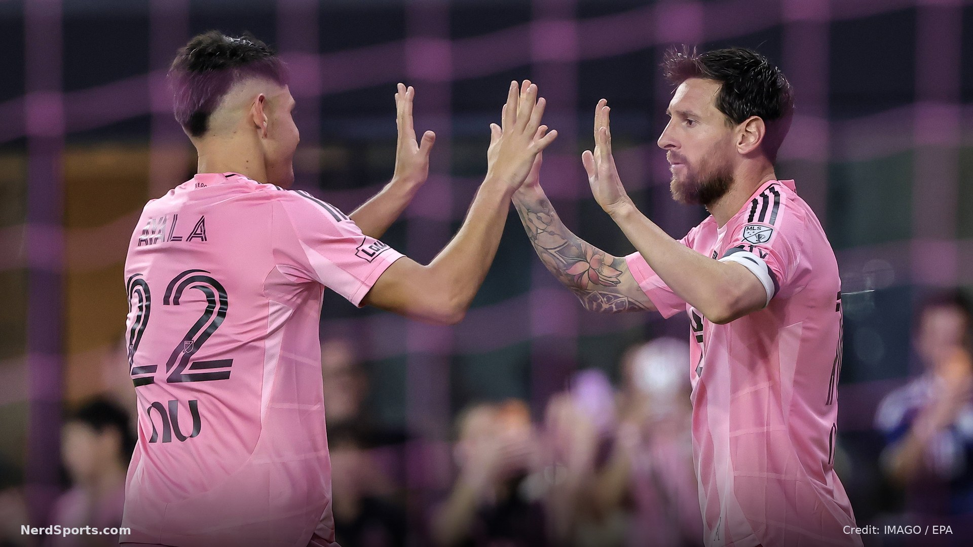 Lionel Messi (R) and David Ayala celebrate their team goal during the MLS Inter Miami vs D.C. United game on 10 October 2026.
