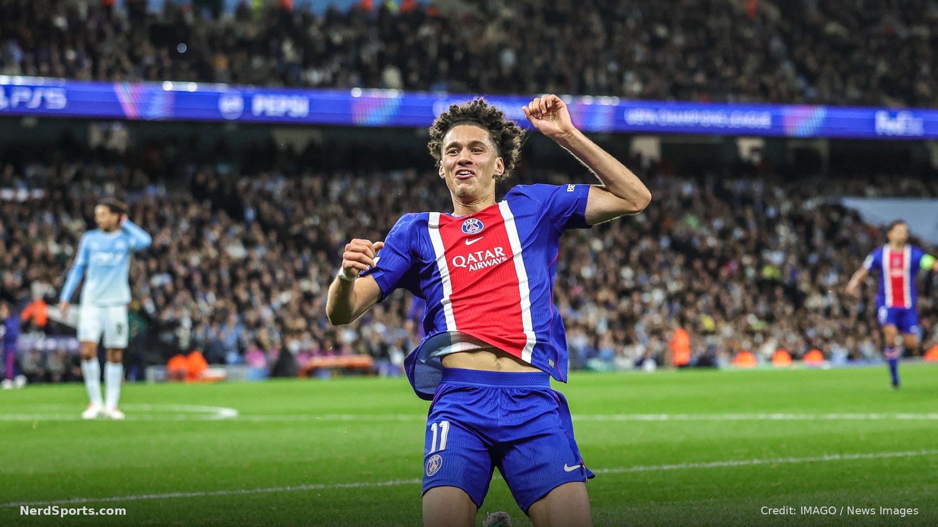 Maghnes Akliouche of Paris Saint-Germain celebrates his goal to make it 1-4 during the match with Manchester City.