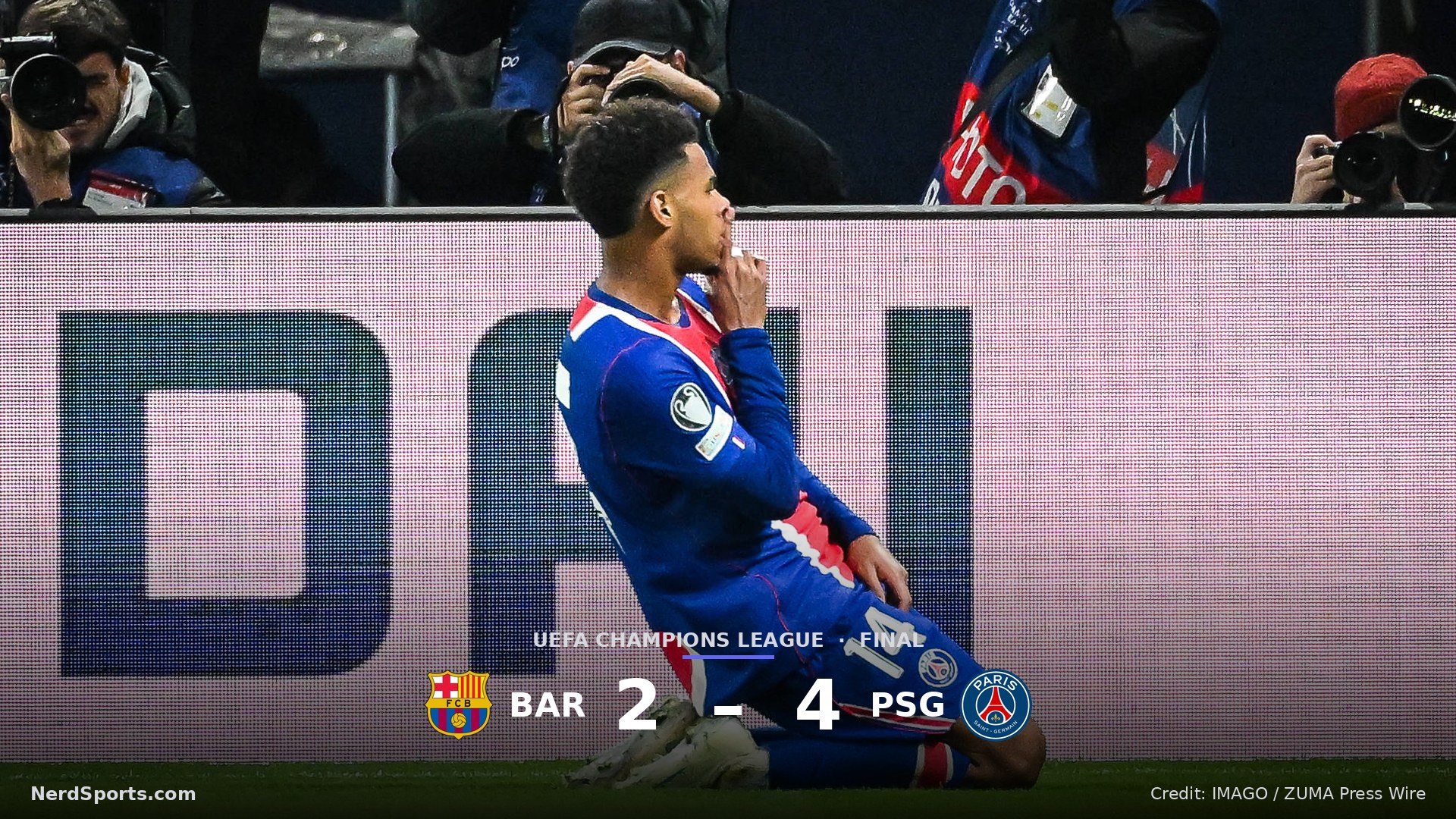Desire Doué of PSG celebrates his goal during the UEFA Champions League match between Paris Saint-Germain and FC Barcelona